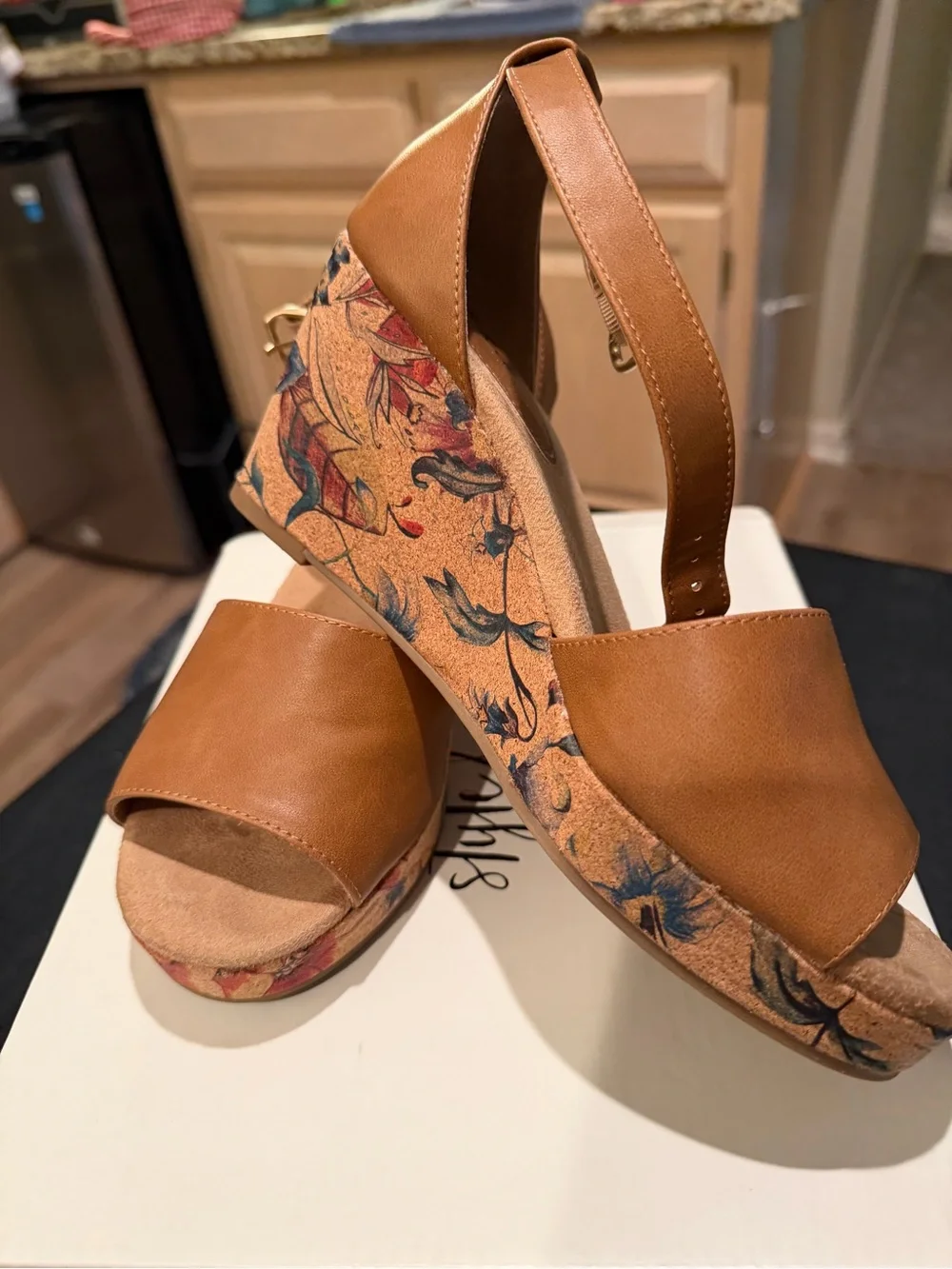 Women's Tan Floral Platform Wedge Sandals